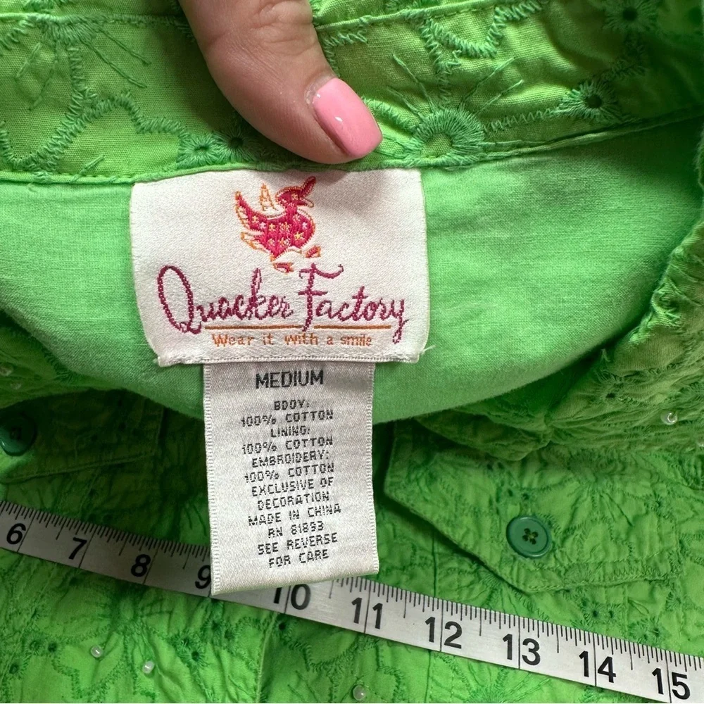quacker factory Bright Green embroidered cotton Jacket sz medium - Picture 7 of 8